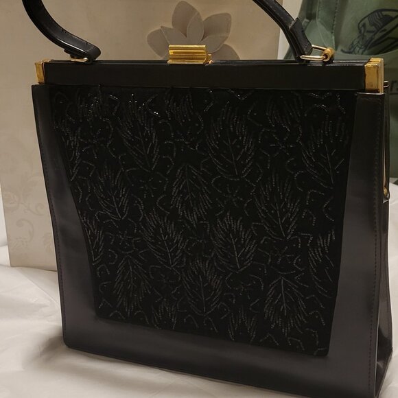 1950s Leather Antique Clutch bag Black large size Glass Black Beaded front uniqu